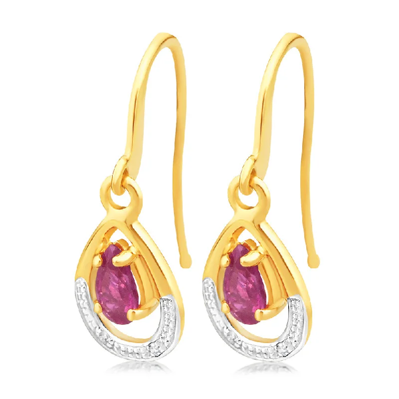 Created Pear Cut Ruby & Small Diamond Drop Earrings in 9ct Yellow gold