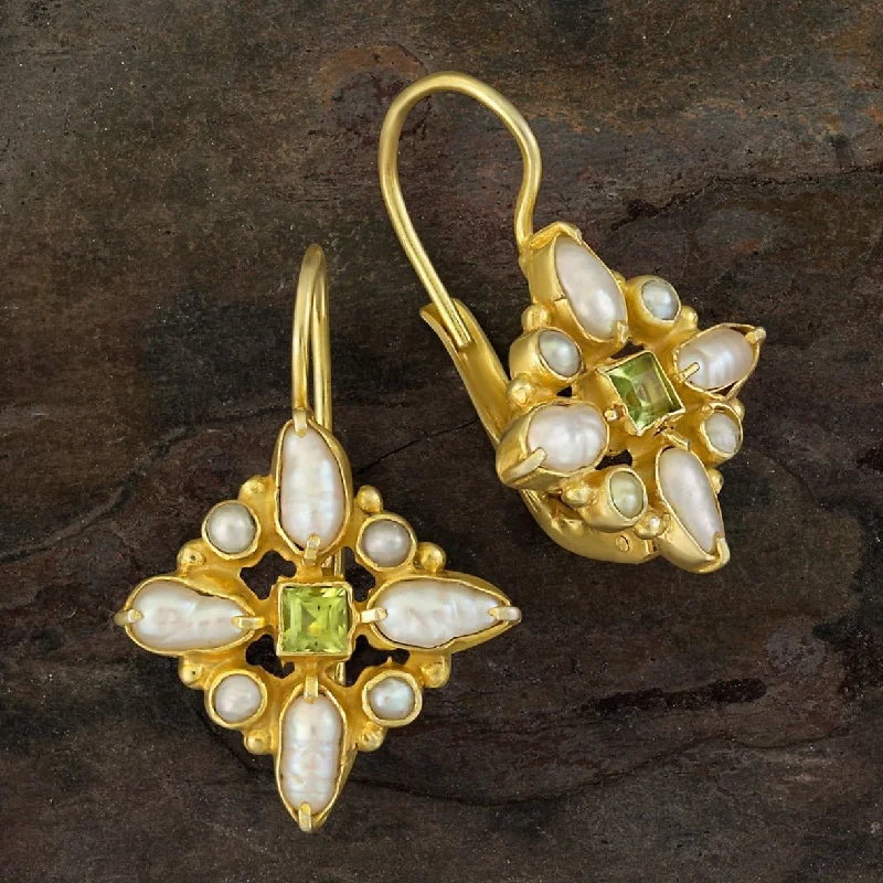 Florentine Cross Peridot and Pearl Earrings