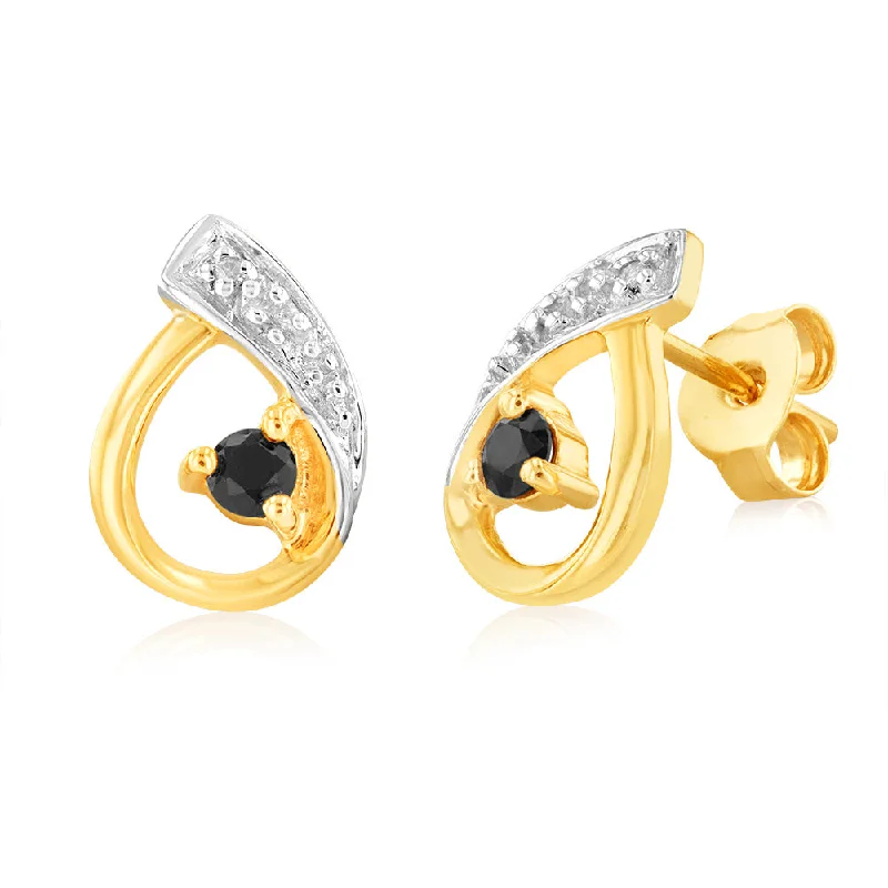 Natural Dark Round Sapphire 2.5mm & Small Diamond Stud Earrings in 9ct Yellow Gold