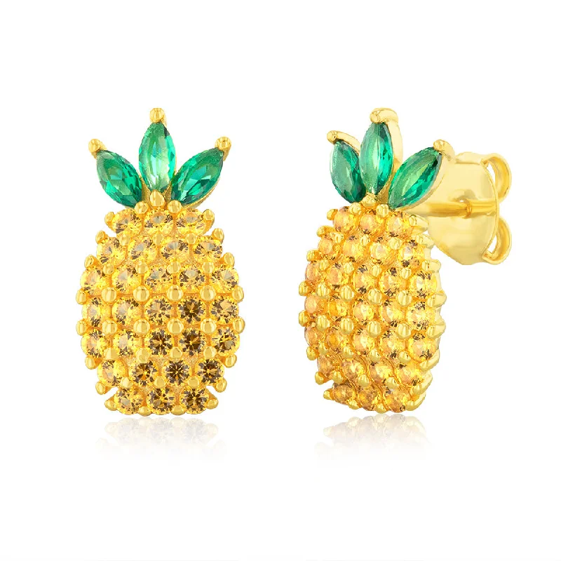 Sterling Silver Gold Plated Yellow And Green Zirconia Pineapple Stud Earrings