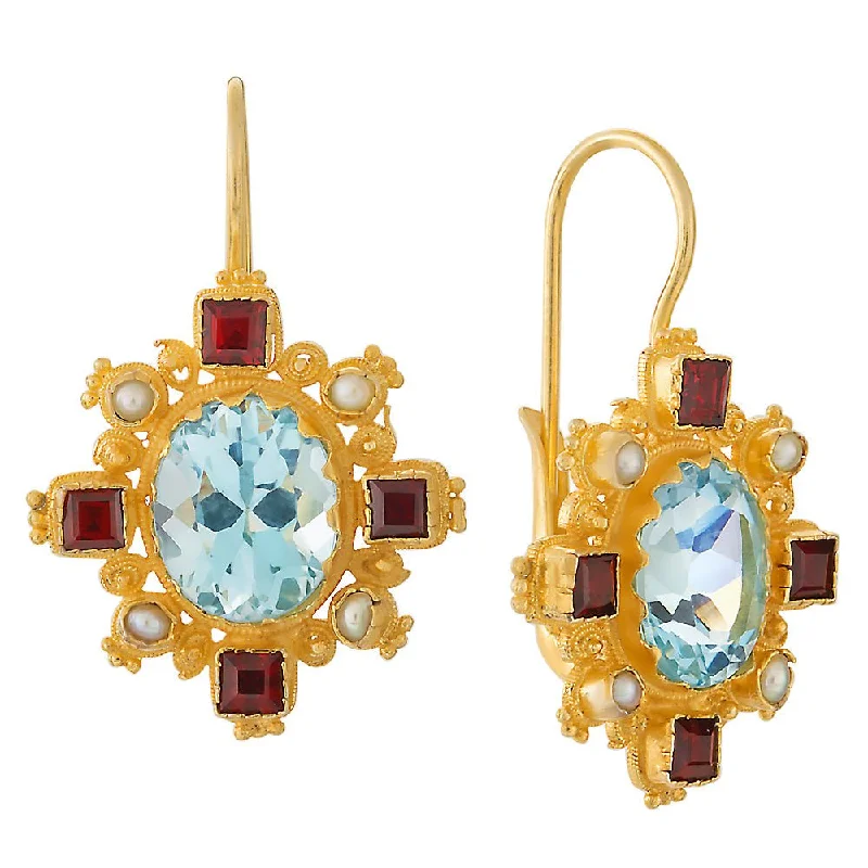 Trafalgar Blue Topaz, Garnet and Pearl Earrings