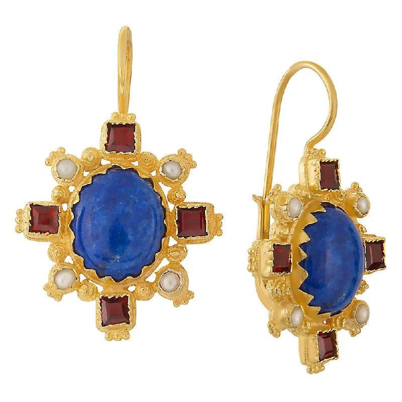 Trafalgar Lapis, Garnet and Pearl Earrings