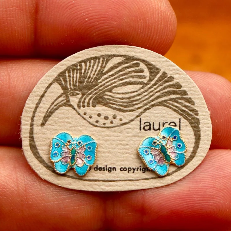 Vintage Laurel Burch Baby Blue Butterfly Gold-Vermeil Studs