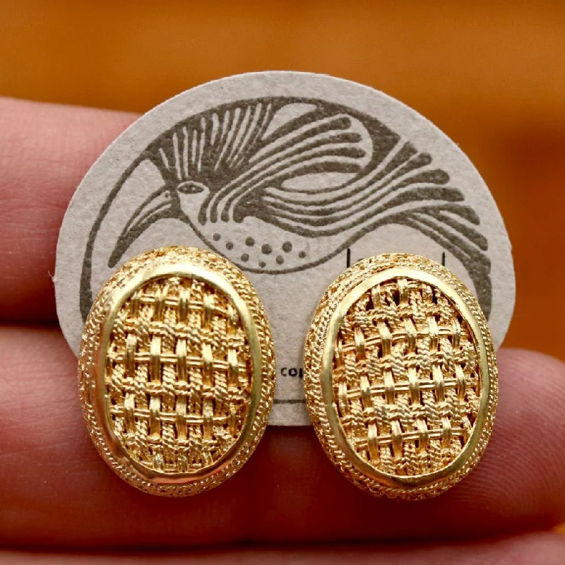 Vintage Laurel Inc. Basket Weave Oval Gold-Plate Earrings