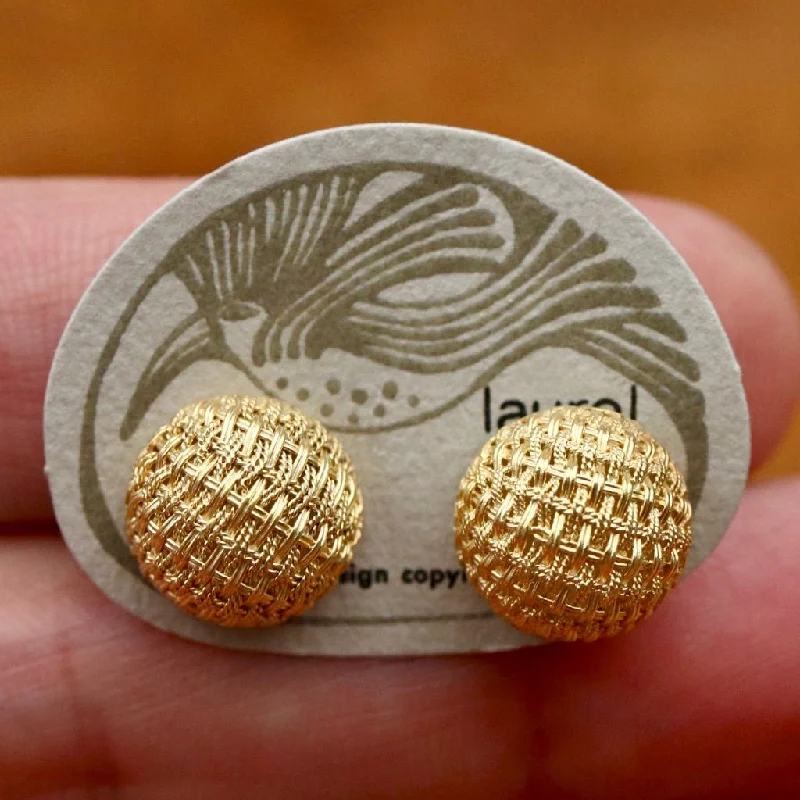 Vintage Laurel Inc.  Basket Weave Round Gold-Plate Silver Earrings