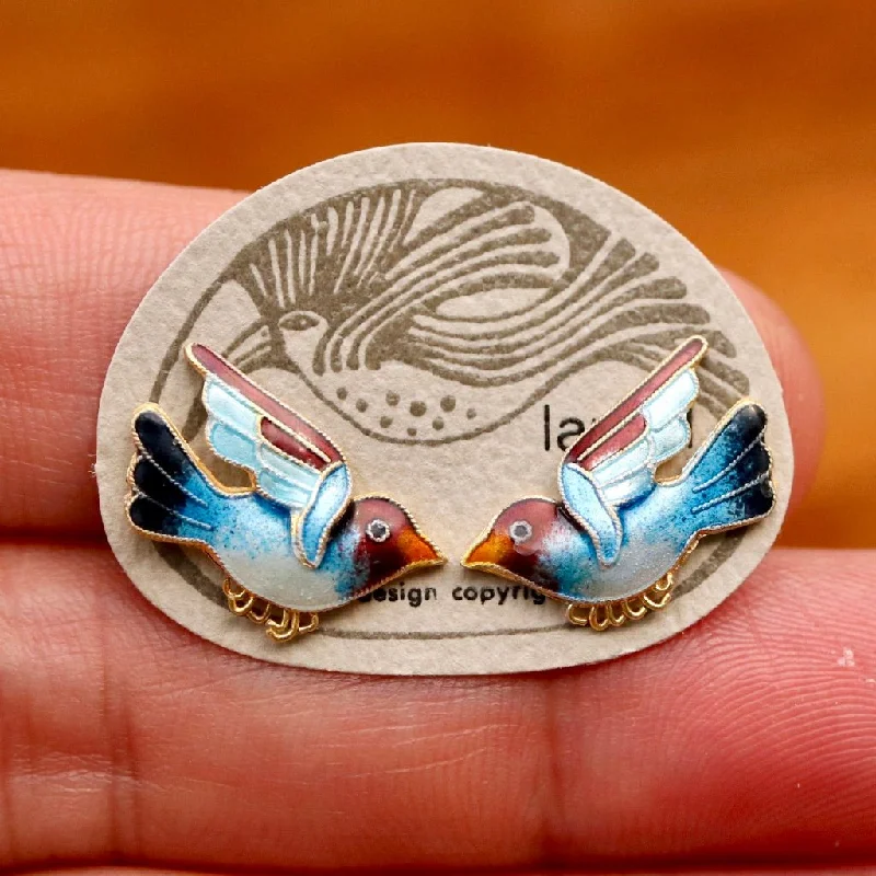 Vintage Laurel Burch Bird Blue and Maroon Gold-Vermeil Studs