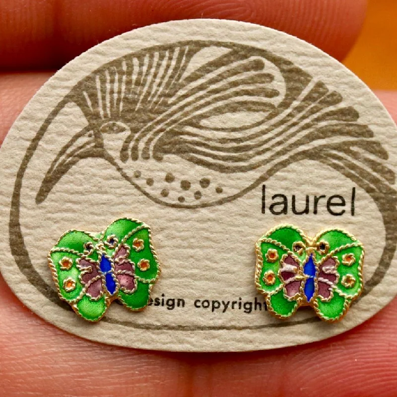 Vintage Laurel Burch Butterfly Green and Purple Gold-Vermeil Studs