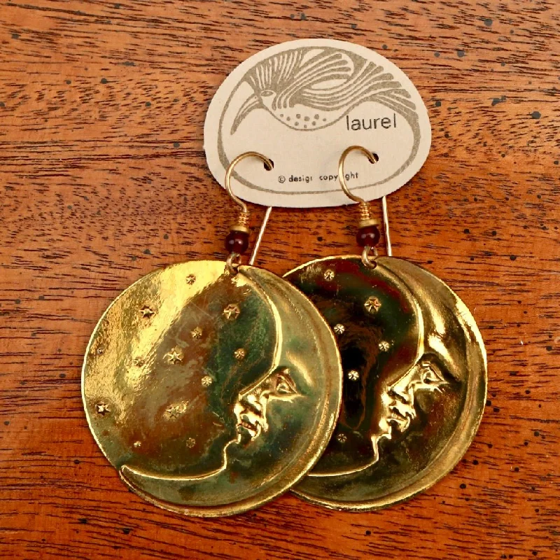 Vintage Laurel Burch Large Moonface Gold-Plate Earrings