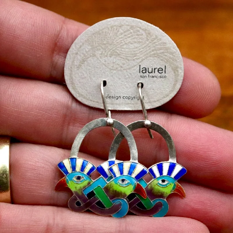 Vintage Laurel Burch Mohawk Bird Blue and Purple Silver Earrings