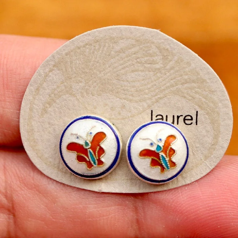 Vintage Laurel Burch Butterfly White Gold-Vermeil Button Studs