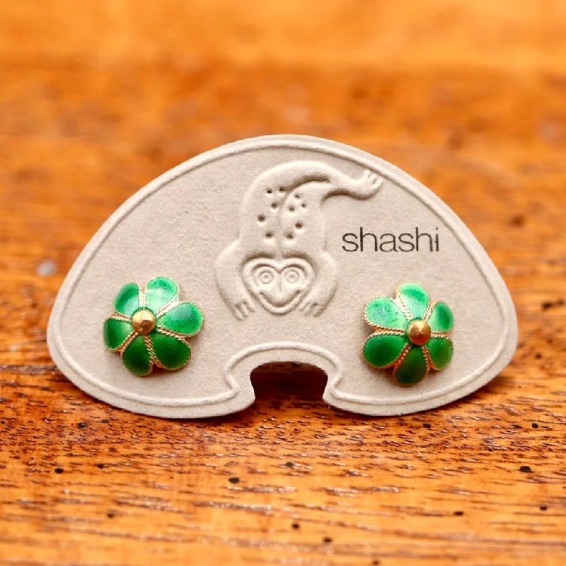 Vintage Shashi Enamel Flower Green Studs