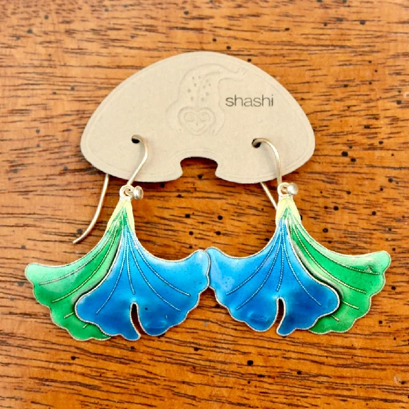 Vintage Shashi Gingko Leaf Ice Blue and Emerald Green Earrings