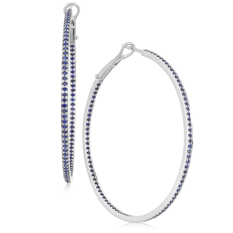 14K White Gold Blue Sapphire Hoop Earrings