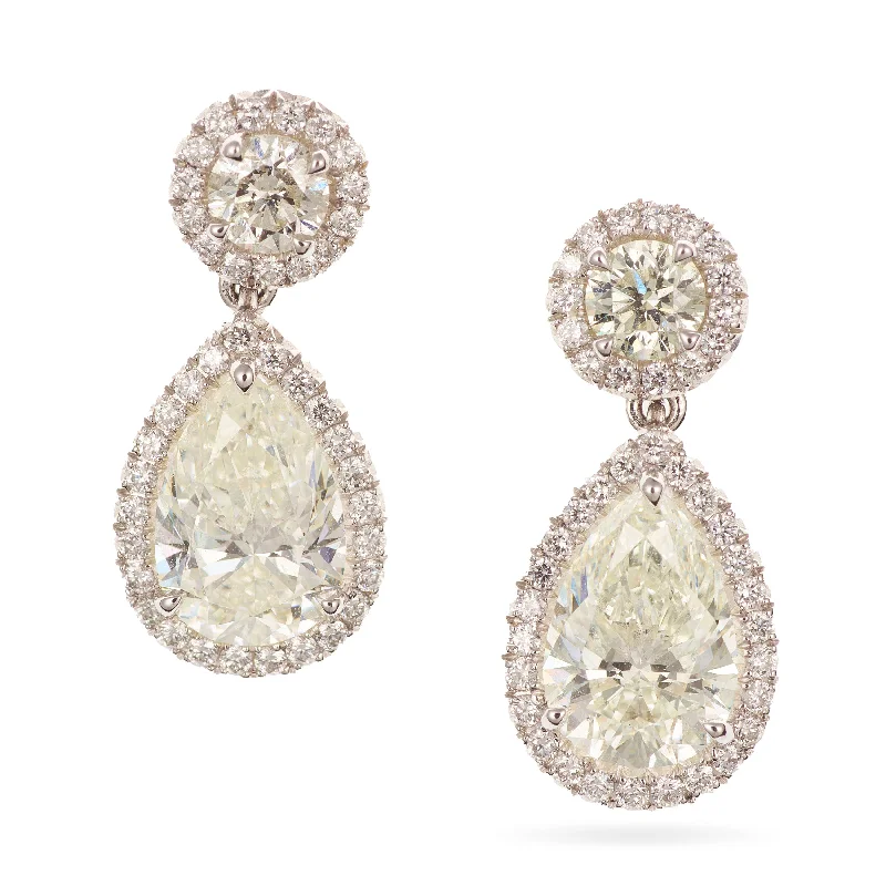 Custom-Made Pear and Round Diamond Halo Earrings in 18k White Gold