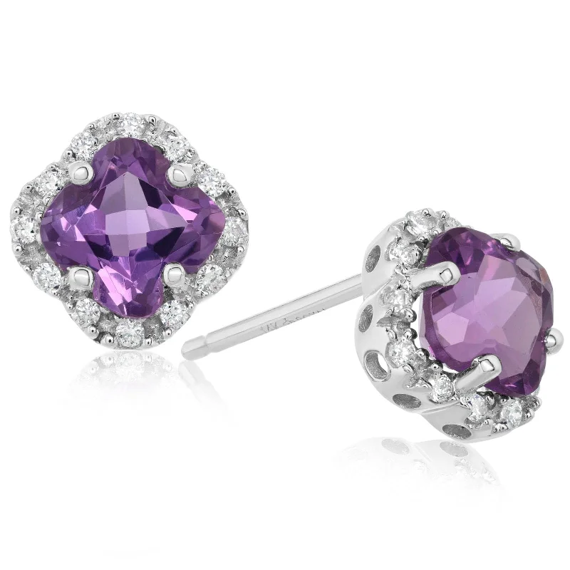 Cushion Cut Amethyst & Diamond Halo Earrings