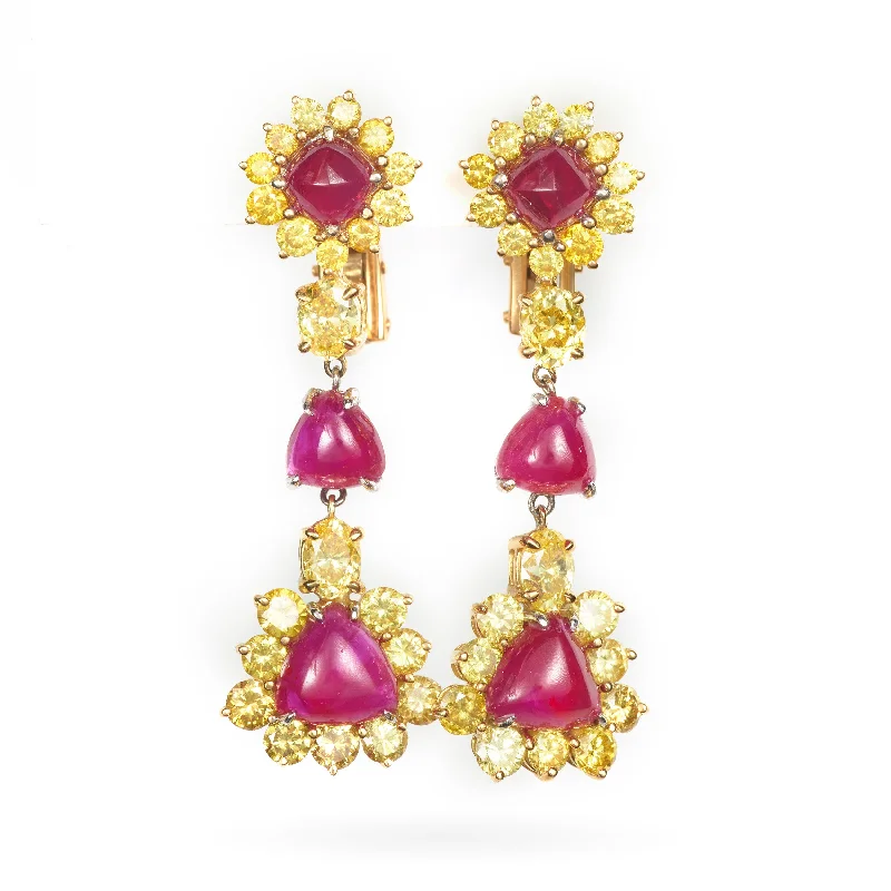 Custom-Made Cabochon Burmese Ruby Earrings with Natural Yellow Diamonds in 14k Yellow Gold and Platinum