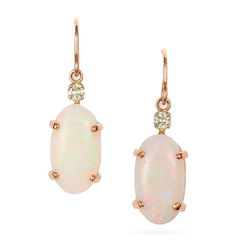 14k Rose Gold Classic Oval Opal and Diamond Dangle Earrings