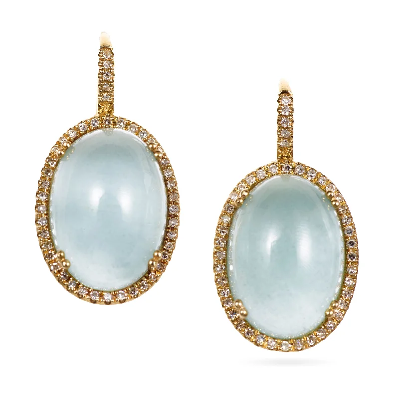 Cabochon Cut Light Blue Aquamarine Earrings with a Diamond Halo in 14k Yellow Gold