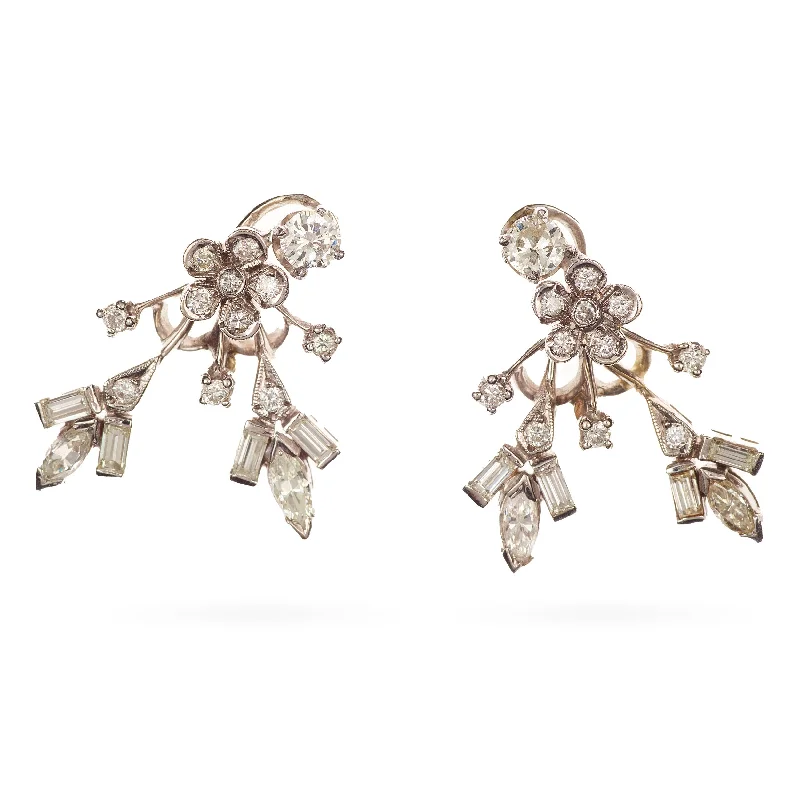 Estate Round Marquise and Bagguette Diamond Earrings in 14k White Gold