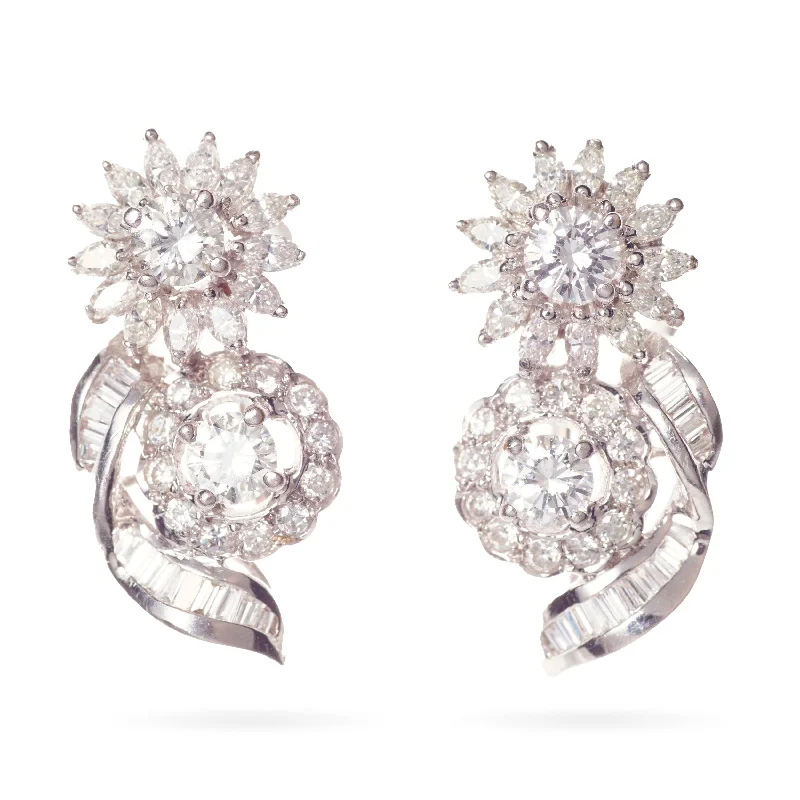 Estate 18k White Gold Fancy Diamond Floral Earrings