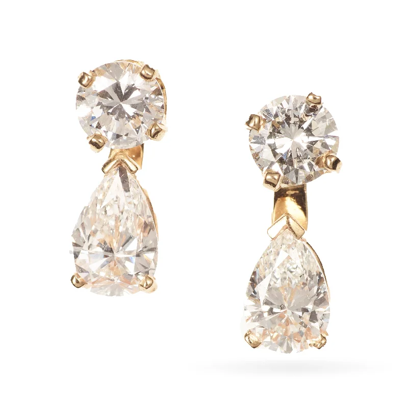 Custom-Made Round and Pear Diamond Earrings in 14k Yellow Gold