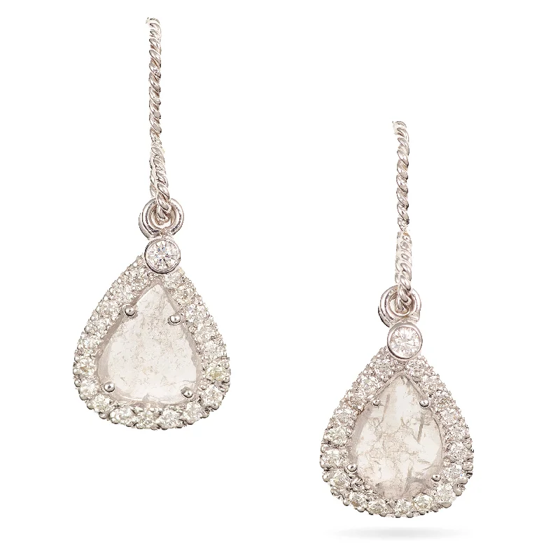 14k White Gold Pear Shaped Diamond Slice Dangle Earrings