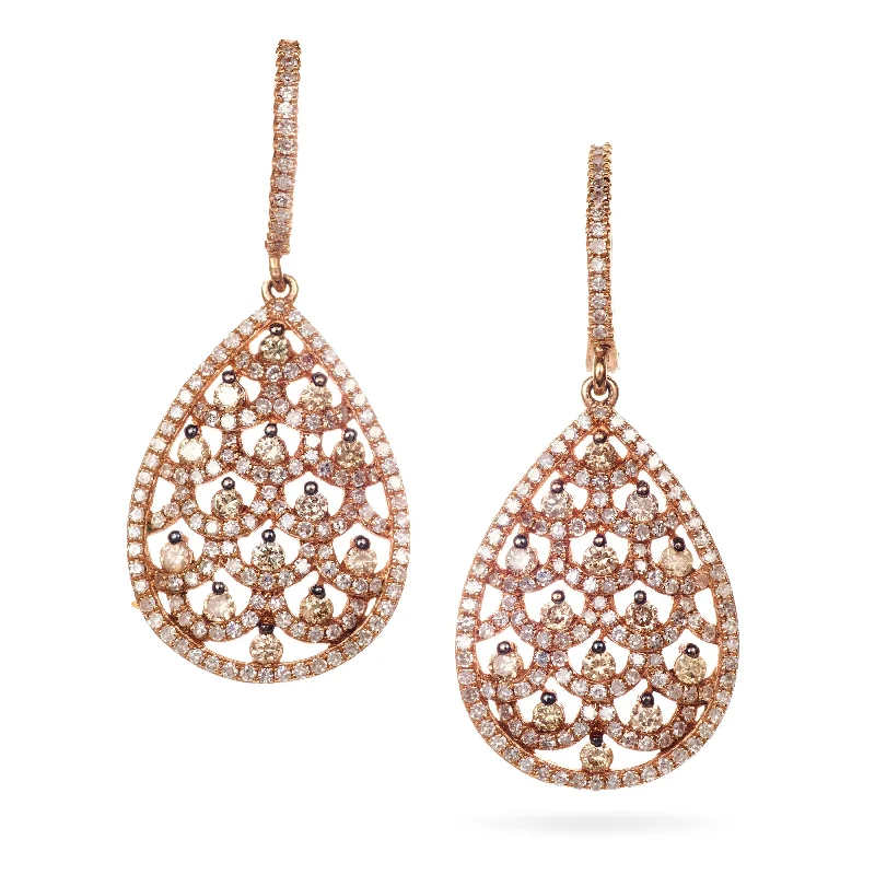 14k Rose Gold Champagne Diamond Teardrop Dangle Earrings