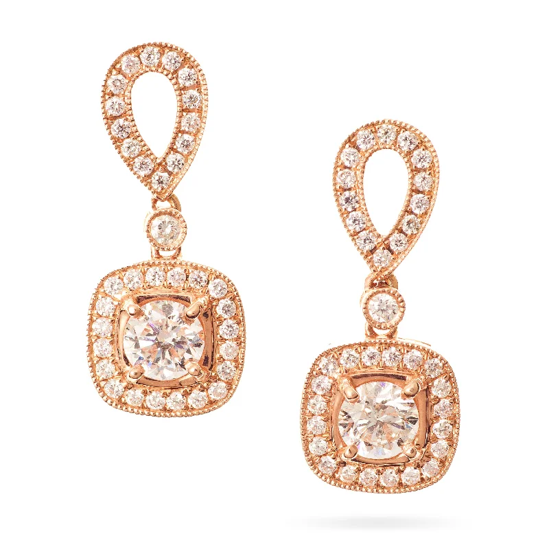 14k Rose Gold Round Diamond and Halo Dangle Earrings