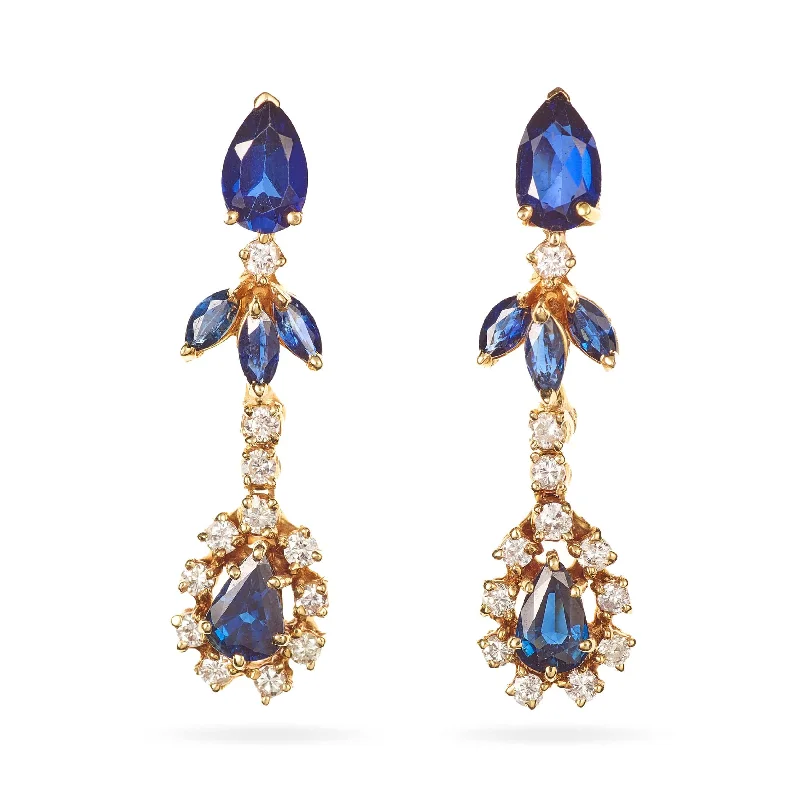 14k Yellow Gold Diamond and Blue Sapphire Dangle Statement Earrings