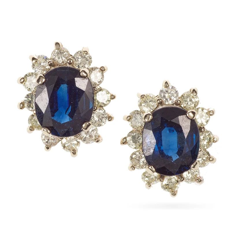 Blue Oval Sapphire and Diamond Stud Earrings Made in 18k White Gold