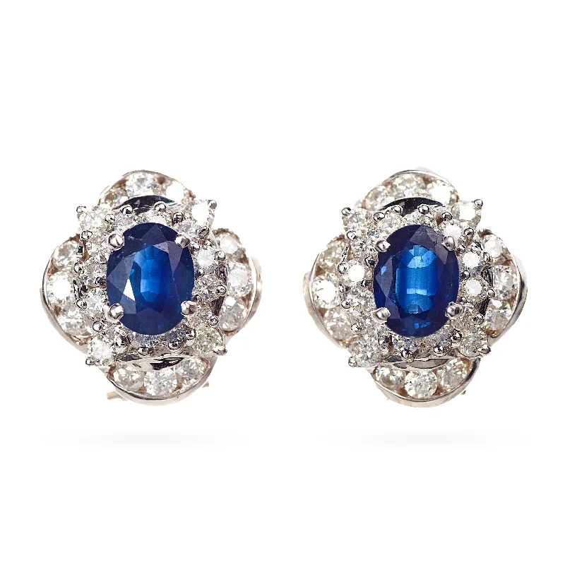 Estate Blue Sapphire Double Halo Leaver Back Earrings in 14k White Gold - SOLD