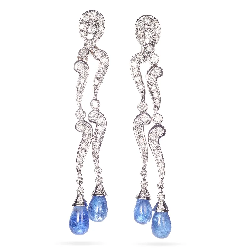 18k White Gold Diamond and Cabochon Sapphire Dangle Earrings