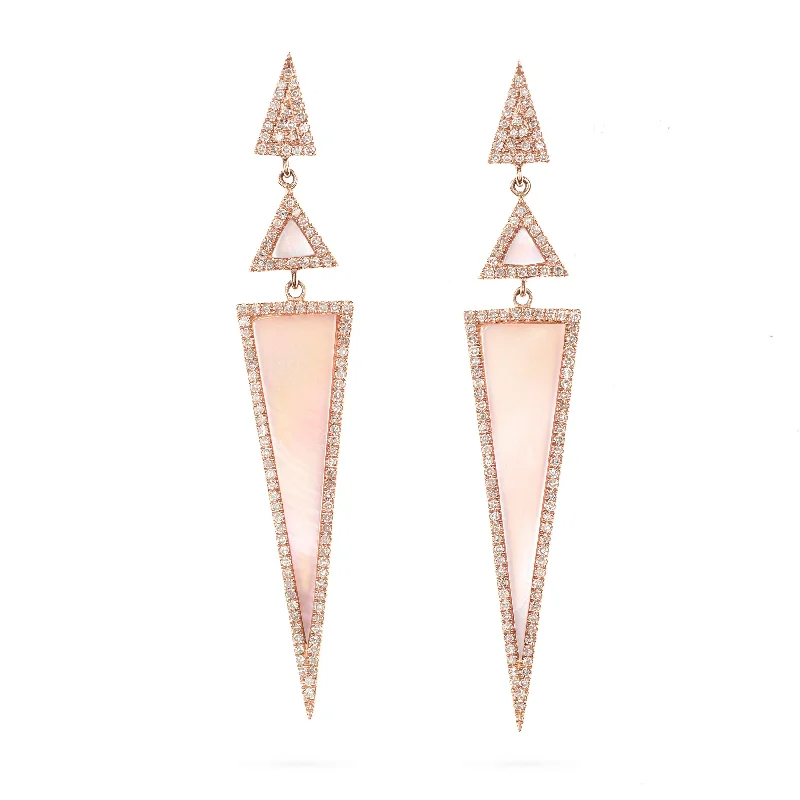 Custom-Made 14k Rose Gold Mother Of Pearl Triangular Diamond Earrings