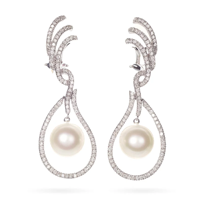 Custom-Made 9mm South Sea Pearl Earrings with Accent Diamonds in 18k White Gold