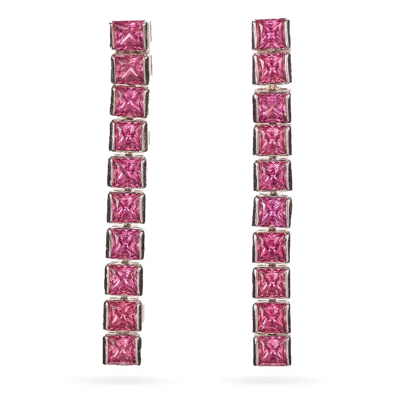 4 Carat Princess Cut Pink Tourmaline Dangle Earrings in 14k White Gold