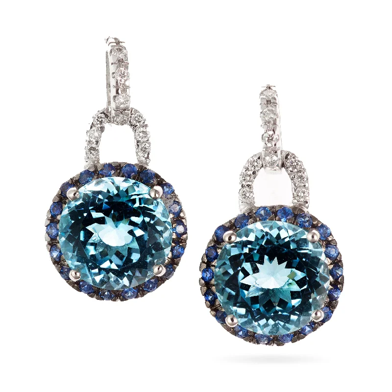 Blue Topaz Dangle Earrings with Blue Sapphire Halos in 14k White Gold