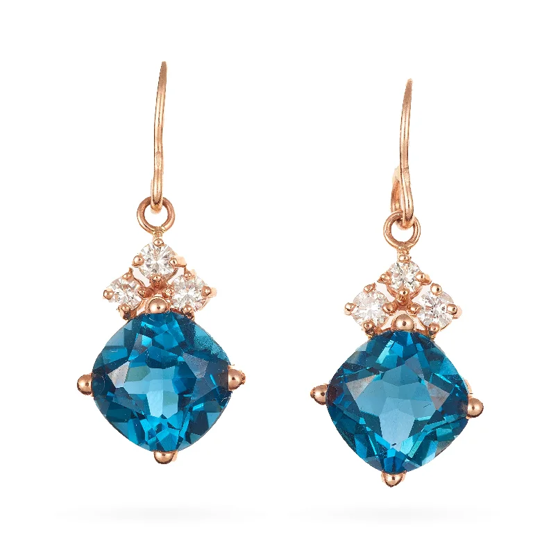 Custom-Made Cushion Cut London Blue Topaz and Diamond Dangle Earrings in 14k Rose Gold