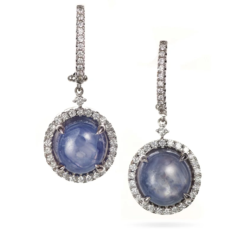 Custom-Made 12 Carat Star Sapphire and Diamond Halo Dangle Earrings in 14k White Gold