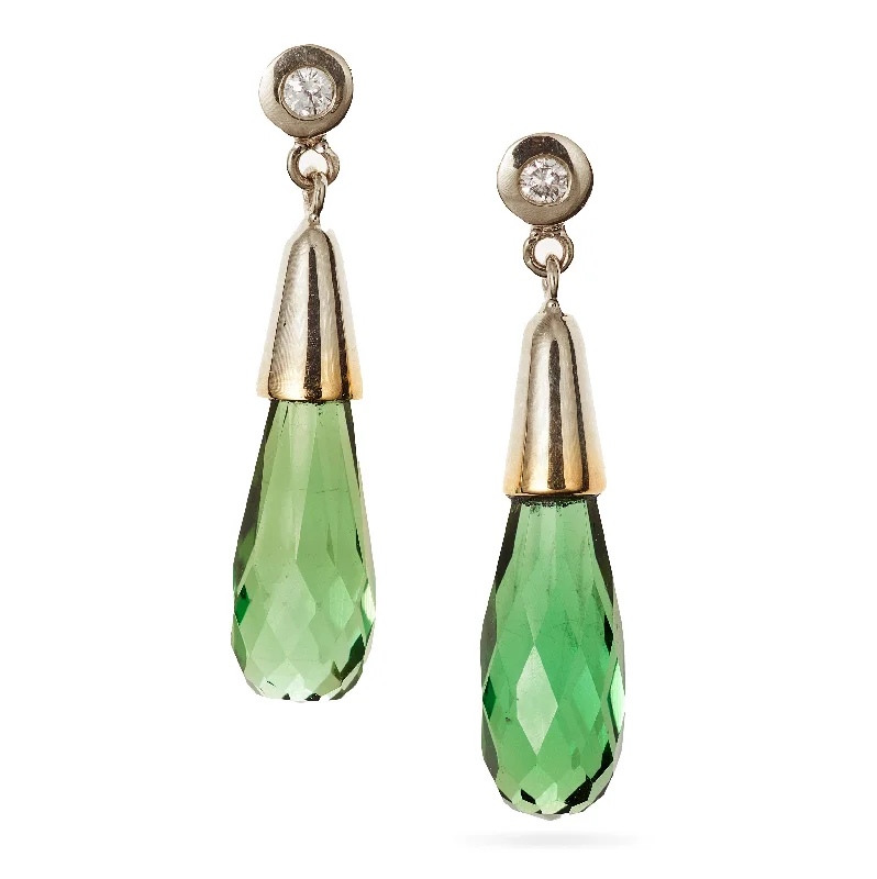 Custom-Made Green Tourmaline and Diamond Dangle Earrings in 14k Yellow Gold