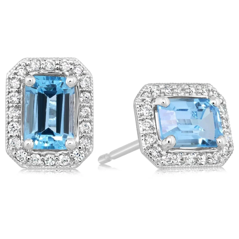 Emerald Cut Blue Topaz & Diamond Halo Earrings