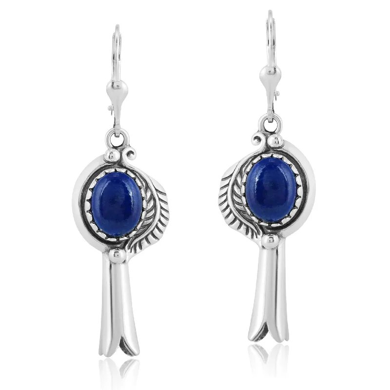 EXCLUSIVELY OURS! Sterling Silver Lapis Leaf and Squash Blossom Design Dangle Earrings