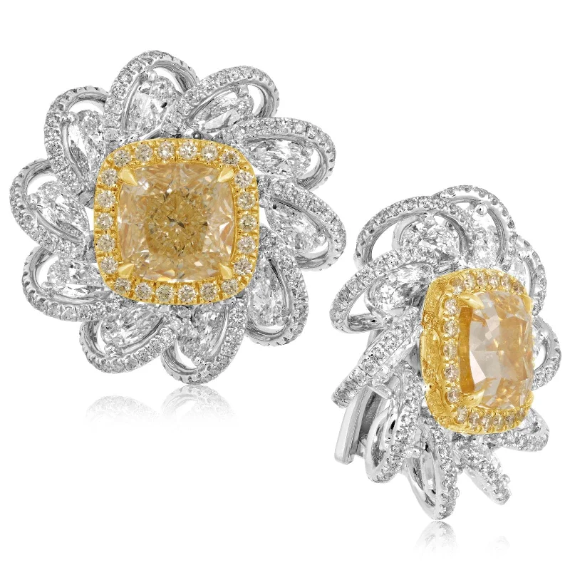 Fancy Yellow & White Diamond Flower Clip-On Earrings