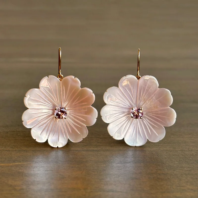 Large Mother of Pearl Flower Earrings with Light Tourmalines