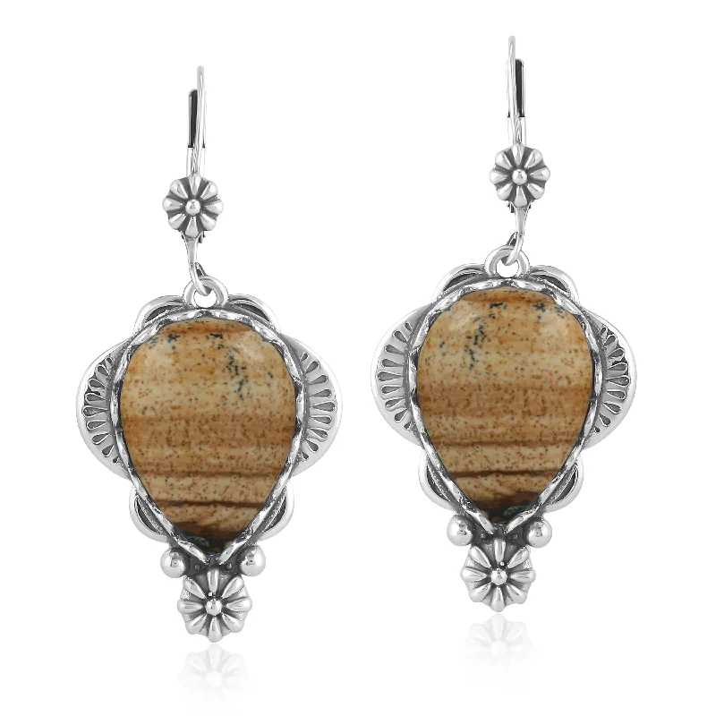 Sterling Silver Picture Jasper Pear-Cut Concha Earrings