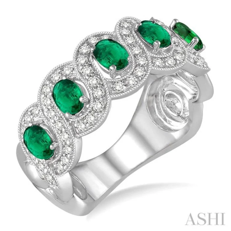 4x3 MM Oval Cut Emerald and 1/2 Ctw Round Cut Diamond Precious Ring in 14K White Gold