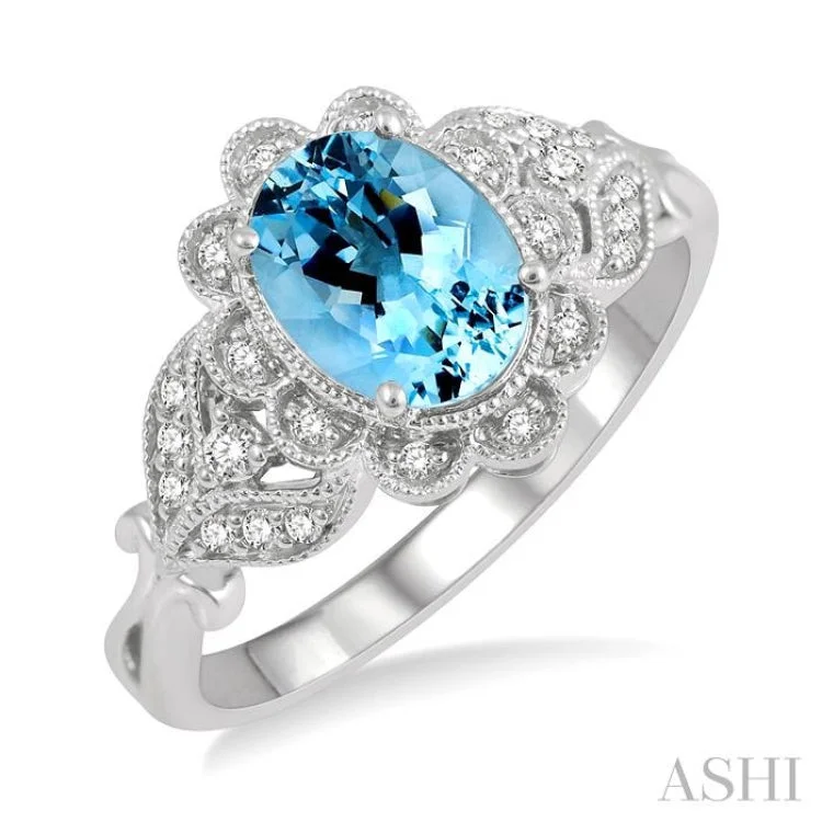 1/6 Ctw Floral Lattice Round Cut Diamond and 8x6MM Oval Cut Aquamarine Precious Ring in 10K White Gold