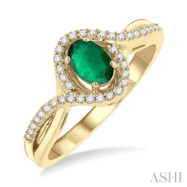 1/6 Ctw Split Crisscross Bypass Shank Round Cut Diamond Precious Ring With 6x4 MM Oval Cut Emerald Center Stone in 10K Yellow Gold