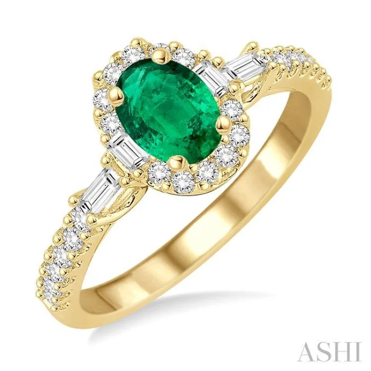 6X4 MM Oval Shape Emerald and 3/8 Ctw Diamond Precious Ring in 14K Yellow Gold