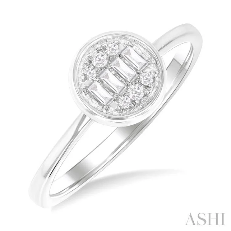 1/6 Ctw Petite Bezel Set Round Shape Fusion Baguette and Round Cut Diamond Fashion Ring in 10K White Gold