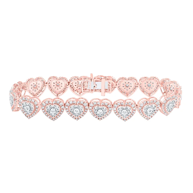 10kt Rose Gold Womens Round Diamond Heart Bracelet 3-7/8 Cttw